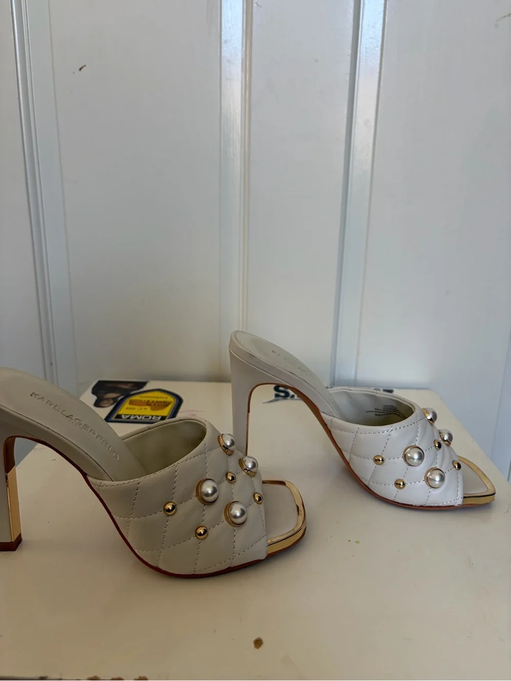 Karl Lagerfeld Ivory Pearl & Gold Stud High Heel Mules